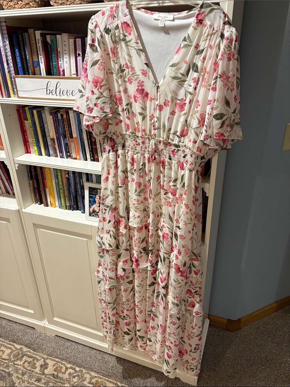 Floral V-Neck Tiered Maxi Dress in Cream and Pink